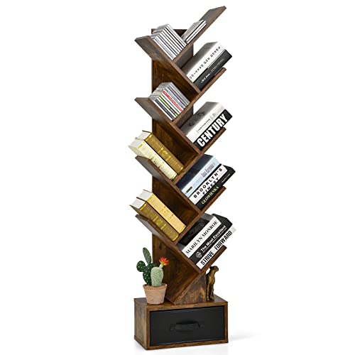 GIANTEX Bücherregal 10 Ebenen mit Schublade, Baum CD DVD Regal, Standregal in Baumform, Raumteiler Aktenregal Aufbewahrungregal Holz, freistehendes Holzregal 38x20x149,5 cm vintagebraun