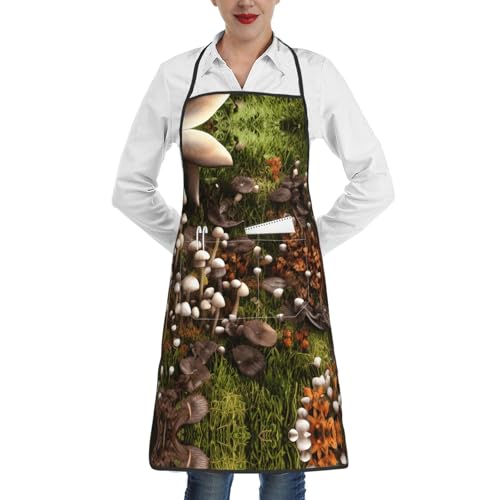 Cvnbmakk Kochschürze mit Wildpilz-Druck, Unisex, mit Taschen, verstellbar, wasserdicht, Küchenschürze zum Kochen, Backen