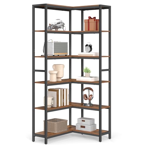 VASAGLE Bücherregal mit 6 Ebenen, Eckregal, Aufbewahrungsregal, 24 x 102 x 175,2 cm, modern, für Wohnzimmer, Schlafzimmer, Büro, vintagebraun-tintenschwarz LLS606K01
