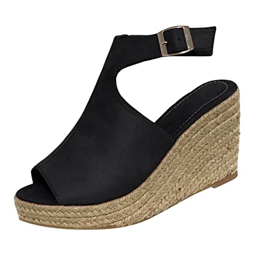 Generisch Leichte Sandalen Damen Sandalen mit Knöchelriemen Mode solide Keile Schuhe beiläufige Damenschnalle Roman Frauen Damen Schuhe Sandale Plateau (Black,40)