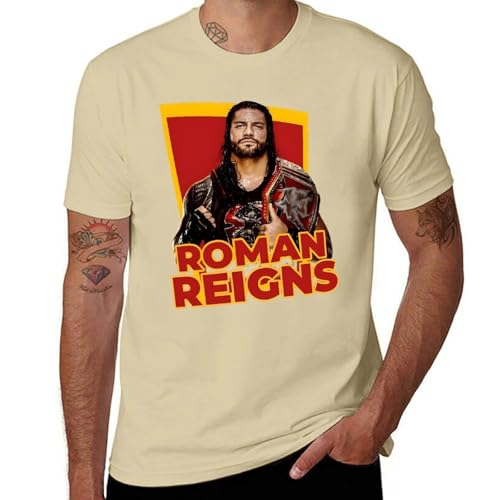 FEUIASTU Herren Ro%Man Vintage T-Shirt Kurzarm Rei%gns T-Shirts Rundhals Baumwolle Casual T-Shirt für große Jungen Männer Mech Wrestling Kleidung für Fans, Sandfarben, 4XL