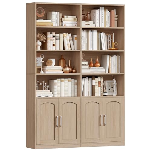 FirFurd Bücherregal Bücherschrank mit Türen Regal 12 Fächern Vitrinenschrank Standregal Hochschrank für Wohnzimmer Büro Küche 115 x 27 x 185,5 cm Eiche