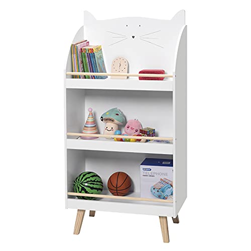EUGAD Kinderregal Bücherregal im Kinderzimmer, Spielzeugregal mit 3 Regalen, solides Aufbewahrungsregal in Katzenform aus MDF und Kiefernholz, 60x29x121,5 cm, Weiß, 0007ETSJ