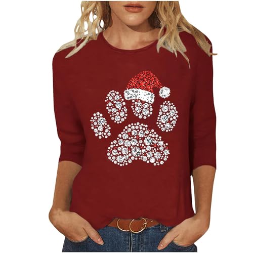 NSICBMNO Weihnachtspullover für Damen, lustiges Weihnachtsoberteil, Pfotenabdruck-T-Shirt, Neuheit, Weihnachtspullover, 3/4-Ärmel, Rundhalsausschnitt, Blusen, Pullover, Tunika, Damen-T-Shirt für