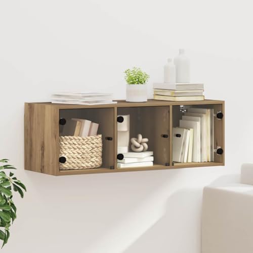 mtlskopl Wandregalschrank 102 x 37 x 35 cm Artisan Eiche Holzwerkstoff mit Glastüren platzsparend für Küche Flur Homeoffice Kleiner Schrank