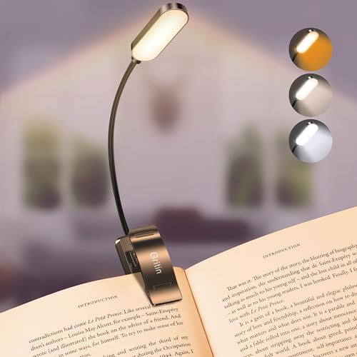 Gritin Leselampe Buch Klemme, USB C Wiederaufladbare Buchlampe mit 16 LEDs, 3 Farbtemperatur Modi (Weiß/Bernstein/Gemischt), Stufenlose Helligkeit Klemmlampe, 360° Flexibel für Nachtlesen ins Bett