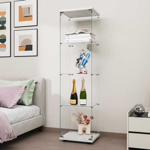 FANYUSHOW Glasvitrine Standvitrine in Weiß, Modern Glas Holz Vitrine Sammlervitrine Vitrinenschrank mit 4 Böden aus ESG für Sammlerstücke Bücher Wein, für Büro Wohnzimmer Küche, 164x42.5x36.5cm