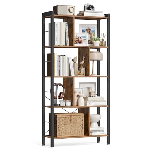 VASAGLE Regal, Bücherregal, Büroregal mit 5 Ebenen, Standregal, Aufbewahrungsregal, groß, Metallgestell, vintagebraun-tintenschwarz LBC12BX