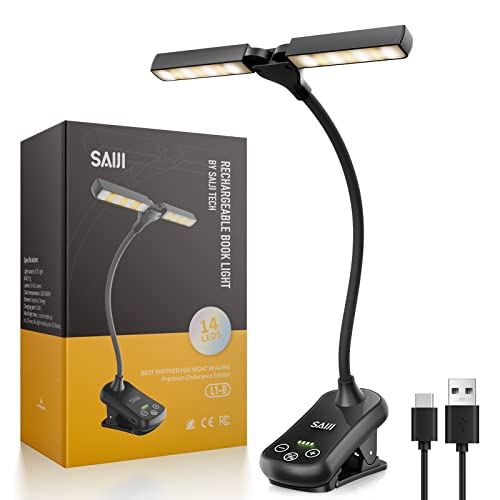 SAIJI Leselampe Buch Klemme mit 2 Köpfen 14 LEDs, Buchlampe 3 Modi, Leselicht LED Klemmlampe 360°, USB Wiederaufladbar buchlampe, 80 Stunden lange Laufzeit, für Leser & Kinder [Energieklasse A+++]