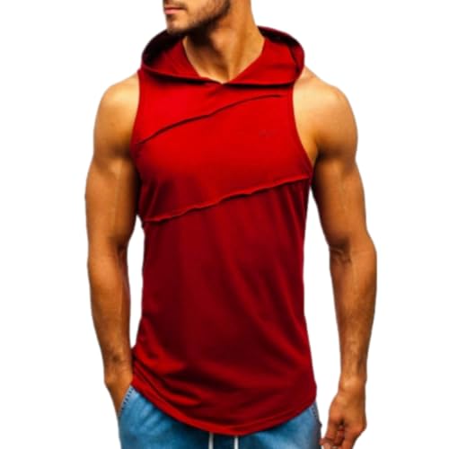 ZACOLLAN Tank Top Herren Ärmellos Mode Casual Trainingsshirt Fitness Schwitzen Atmungsaktiv Kapuzenpullover Wandern Bergsteigen Running Sportshirt Q-Red L