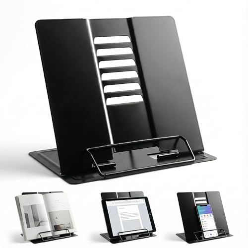 Shteriva Buchständer Metall Schwarz, Leseständer Verstellbar mit 6 Stufen, Faltbarer Buchhalter Rutschfest, Bücherständer für Schule Büro Zuhause (Schwarz)