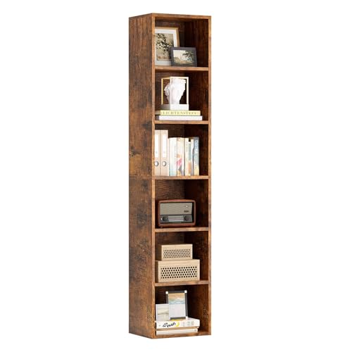 Nordivale Bücherregal Schmal, Bücherregal Braun, Standregal, Modernes offenes Regal aus Holz, für Wohnzimmer, Schlafzimmer, Büro, Arbeitszimmer, 6 Ebenen