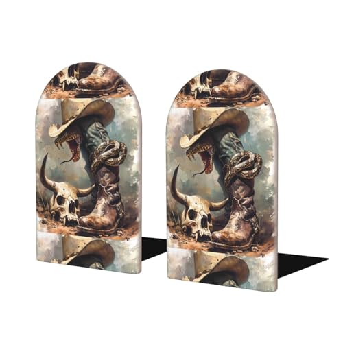 Mosytuky Buchstützen mit Western-Cowboy-Schlange, Ram, Totenkopf-Druck, Buchstützen für Zuhause, Büro, Bibliothek, Schule, Arbeitszimmer, Dekoration, 2 Stück