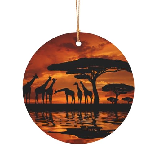 (Giraffe unter dem Baum in Afrika) bedruckter Weihnachtsbaum-Anhänger, Aluminium, 1 Stück, rund, Weihnachtsschmuck für Romane, 8 cm