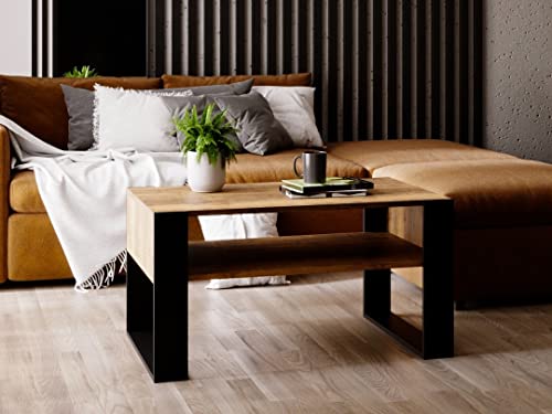 MRBLS Couchtisch – modernes rustikales Design – Wohnzimmer-Tisch Beistelltisch Kaffeetisch Sofatisch Teetisch aus Holz (Retro Eiche - Schwarz Matt) - 92 x 45 x 53,6 cm (B/H/T)