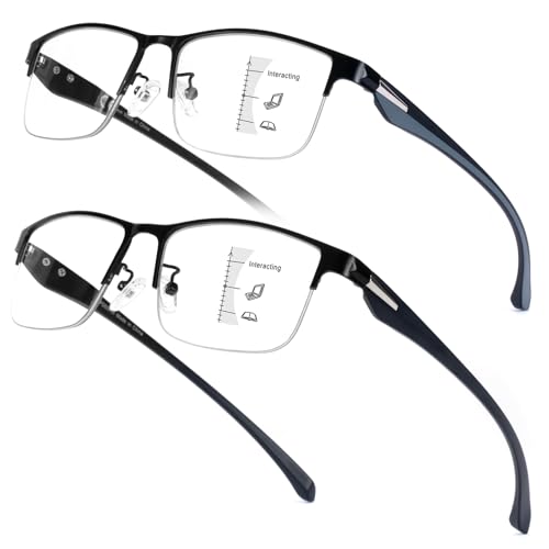 Missfive 2 Pack Gleitsichtbrille Herren Progressive Multifokus Lesebrille, TR90 Bügel Blaues Licht Blocking Anti UV/Augenbelastung Gleitsicht Lesebrille No-Line Halbrahmen Multifokalbrille, 2.0x