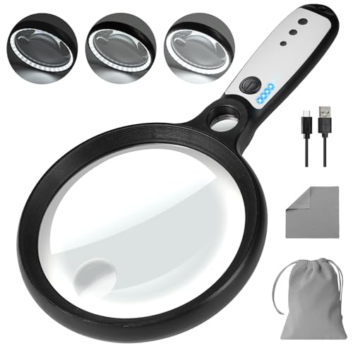 GABORISH Lupe mit Licht USB Aufladbar, 10X 20X 45X Vergrößerungsglas, 37 LED Beleuchtete Handlupe mit 3 Lichtmodi, Leselupe mit Licht für Senioren Groß (Schwarz & Weiß)