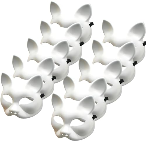 10pcs Katzenmaske 5x6.7 Leere Halloween -Maske, Plastik -Katzenmasken zum Malen, DIY -Halbgesicht weißer Therian, Therian -Ausrüstung mit Elastizitätsband für Halloween -Cosplay -Party, Spielzeug