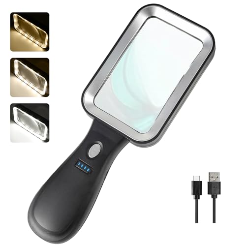 GABORISH Lupe mit Licht, 10X Leselupe mit Licht für Senioren Groß Linse 11x7 cm, 30LED Rechteckige Vergrößerungsglas, Magnifying Glass mit 3 Licht Modi, USB Aufladbare Handlupe für Lesen, Inspektion