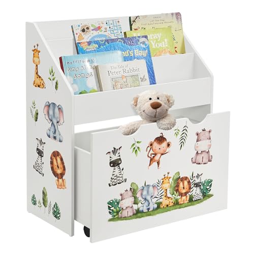 Juskys Kinder Bücherregal mit 3 Fächern & Spielzeugkiste - Holz Regal 63x30x70 cm BTH - Aufbewahrung von Büchern & Spielzeug im Kinderzimmer - Weiß