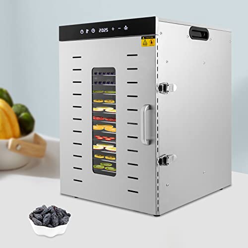 ROMYIX Dörrautomat Edelstahl,1500W Dehydrator Obsttrockner mit 16 Einlegefächer, LED-Display,Intelligente Temperatursteuerung 30-90°C,24h-Timer, Dörrgerät für Obst und Gemüse