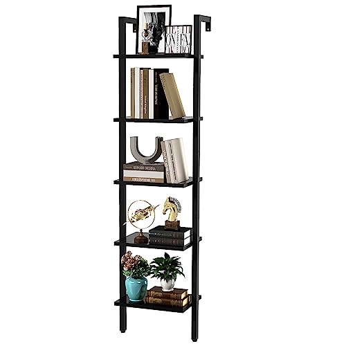 YMYNY Leiterregal mit 5 Ebenen, Bücherregal, DIY Standregal, Regal aus Holz, Metallrahmen, Wandmontage, für Bücher, Dekoration, Pflantzen, für Wohnzimmer, Büro, Balkon, Schwarz HBC015B