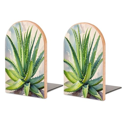 Personalisierte Buchstützen aus Holz, Metallsockel, wilder Aloe-Druck, Buchstütze, modern, strapazierfähig, für Zuhause oder Büro, 1 Paar