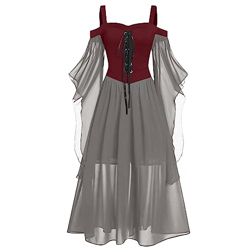 HELLORSOON Mittelalterliche Kostüm-Korsett-Kleider für Damen mit Schmetterlingsärmeln Mittelalterliches Hochzeitskleid (Wine, XXL)