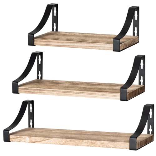 Pipishell 3 Stück Wandregal Holz und Metall, Wandregale zur Aufbewahrung, rustikaler Metalldraht, für Wohnzimmer, Schlafzimmer, Büro, Badezimmer oder Küche (Braun)