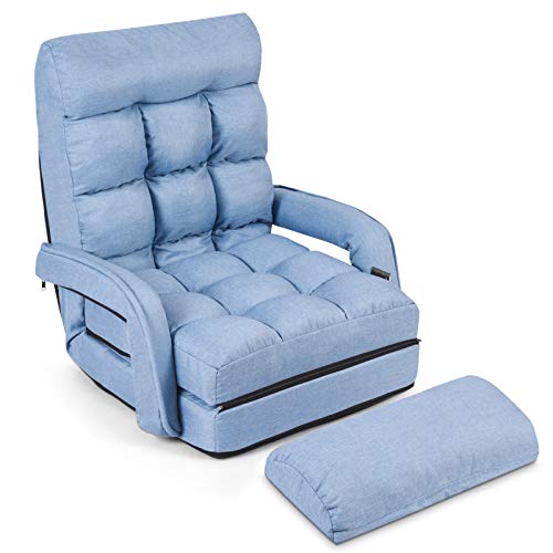 GOPLUS Klappbarer Bodenstuhl mit Armlehnen und Kissen, Comfort Mehrwinkel-Sessel aus Baumwolle, Faules Schlafsofa mit Verstellbarer Rückenlehne für Schlafzimmer, Wohnzimmer, Büro (Blau)