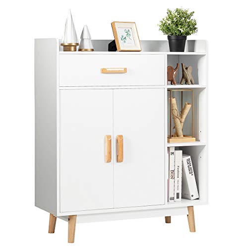 COSTWAY Bücherschrank weiß, Bücherregal mit Schublade,Türen & offenen Fächern, Sideboard Kommode freistehend, Beistellschrank Aufbewahrungsregal für Zuhause & Büro, 80 x 30 x 95 cm