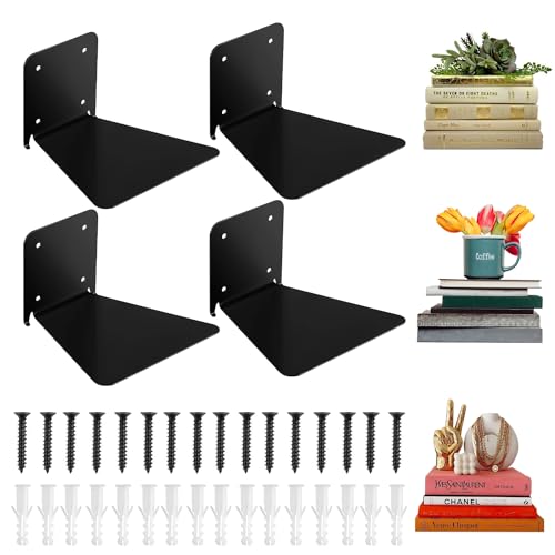 Cnwinu Unsichtbares Bücherregal Metall, Mini Schwebendes Bücherregal, Verdeckt Gebohrten Montierten Bücherregale, Wandregal Hängend Bücher Organizer für Haus Büro Küche, 4 Stück (Schwarz)