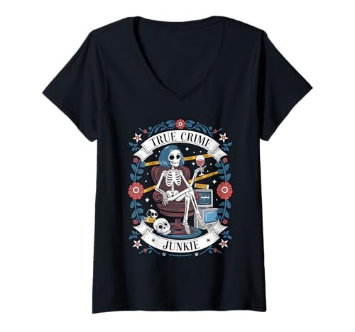 Damen True Crime Podcast Lover Skelett Wein Grafikdesign T-Shirt mit V-Ausschnitt