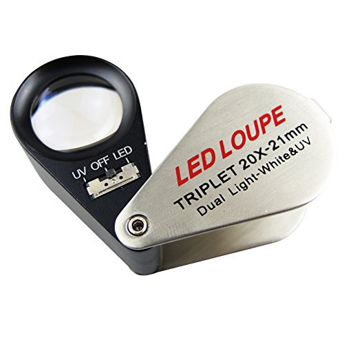 Juwelierlupe Lupe mit Licht 20-fache Vergrößerung, Einschlaglupe Faltlupe mit LED- und UV-Licht, Uhrmacherlupe für Diamanten, Juweliere, Münzen, Briefmarken 21mm Lupen