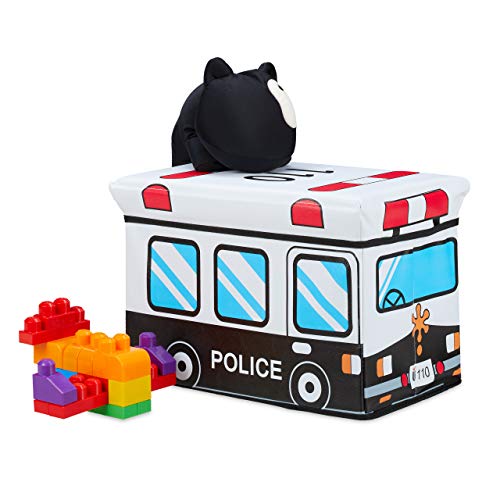Relaxdays Spielzeugkiste faltbar, Polizei, Aufbewahrungsbox mit Stauraum & Deckel, gepolstert, HBT 34 x 49 x 31 cm, weiß, 1 Stück