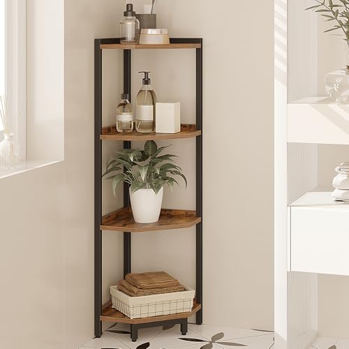 Hzuaneri Eckregal, 4-stöckiges Bücherregal, Standregal, Lagerregal, Eck-Bücherregal, Geeignet für Wohnzimmer, Arbeitszimmer und Büro, 30 x 30 x 104,5 cm, Vintagebraun-Schwarz CS05801B