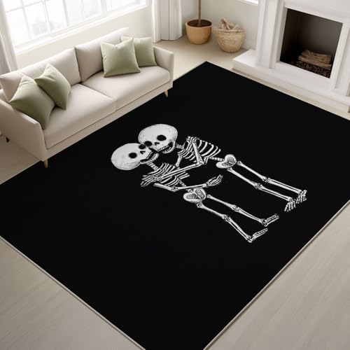 Generisch Machine Washable Rug Kuscheliger Wohnzimmer Teppich Minimalistisch Cartoon Roman Tisch Totenkopf Area Rug Living Room, Non-Slip Carpet, Weiß Schwarz Material ideal für Kinder 60 x 120 cm