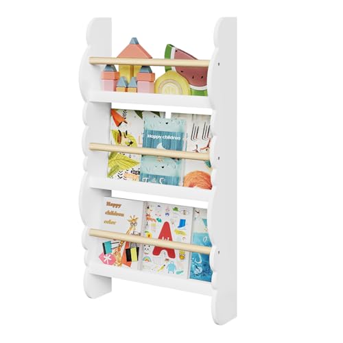 WOLTU Kinder Bücherregal Wand, Bücher-Organizer mit 3 Ablagen, Kinderregal für Buchaufbewahrung, Wandregal Kinderzimmer aus Kiefernholz E1 MDF, für Spielzimmer, Weiß