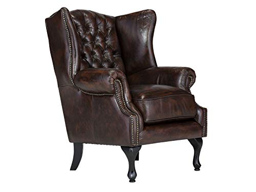 Woodkings® Chesterfield Ohrensessel Pittsfield Sessel antik braun Echtleder Bürosessel Lesesessel Polstermöbel Designsessel Federkern Unikat Herrenzimmer englisches Leder Stilsessel
