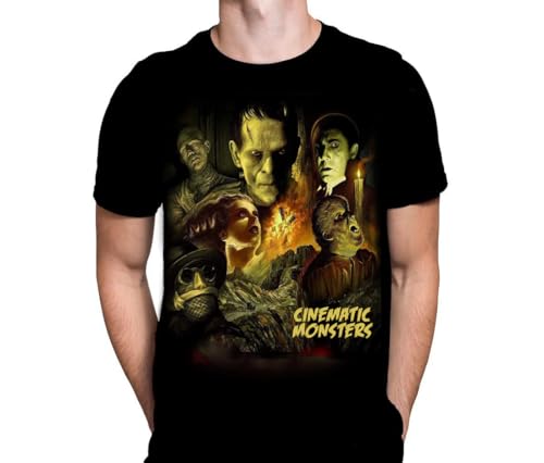 Wild Star Hearts WSH - Cinematic Monsters - Universal Classic Monsters Dracula Frankenstein Fan Merchandise Herren Schwarz T-Shirt, Schwarz , 3XL