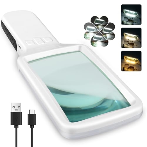 Lupe mit Licht aus Optisches Glas, 15-fache Leselupe mit Licht für Senioren groß, Typ-C-Aufladung, 3 Farbmodi, Handlupe, dimmbare beleuchtete Lupe, Lesehilfe für Bücher, Arbeit, Sehschwäche