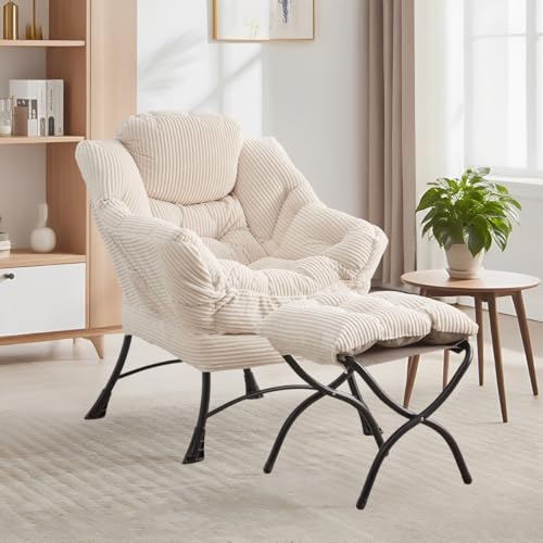 LIFEISLE Ohrensessel mit Hocker, Lazy Chair mit Ottoman, Relaxsessel mit Armlehnen, Moderner Loungestuhl mit Fußstütze und Seitentasche im Wohnzimmer Lesesessel, Cord Weiß
