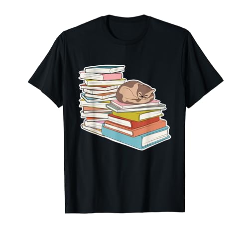 Kätzchen Katze schläft auf Stapeln von Büchern Lesen Leser T-Shirt