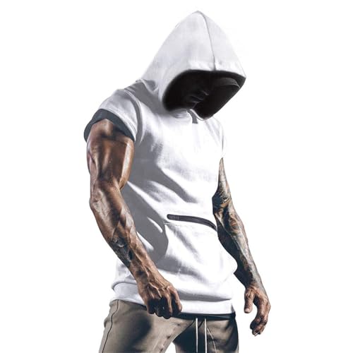 BASHAMAN Hoodie Herren Workout Jogging Trainingsshirt Sport Fitness Atmungsaktiv Muskelshirt Ärmellos Casual Einfarbig Tank Top B-White XXL
