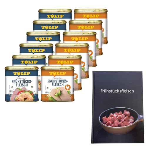 TULIP 6x Schweine-Frühstücksfleisch 340g + 6x Hühnchen-Frühstücksfleisch 340g + Kochbuch | Fleisch in der Dose + Gebundenes Kochbuch mit 57 Rezepten | 87% Schweinefleisch und 80% Hähnchen