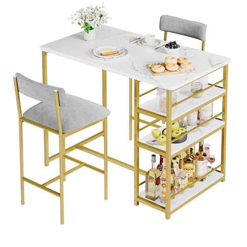 Esstisch Set für 2, Küchentisch und Stühle für 2 mit Polsterstühlen, 3-teiliges Thekenhöhe Bar Küchentisch Set mit 3 Ablagen für kleinen Raum, Wohnung, Vintage Braun, Golden