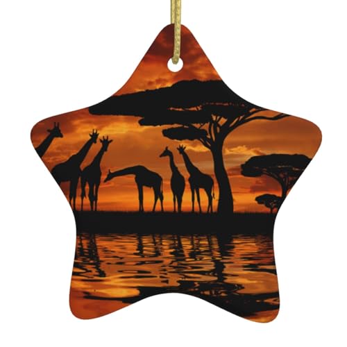 Weihnachtsbaum-Anhänger Giraffe unter dem Baum in Afrika, Keramik-Dekorationen, personalisierte Weihnachtsschmuck, Roman