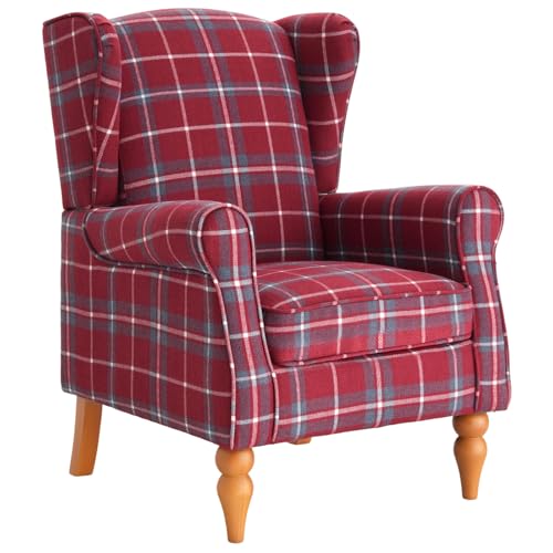 eslohnt Ohrensessel, Vintage Sessel mit Holzfüße, gepolsterte Relaxsessel, Einzelsessel für Wohnzimmer, Schlafzimmer, Leinen (Rot)
