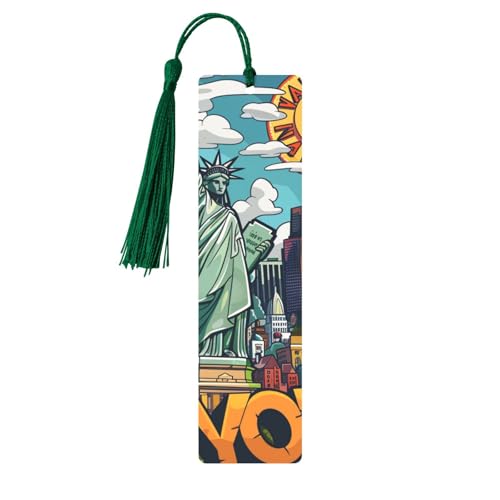 Cartoon Cute New York American Theme Art Printed Metal Bookmarks M - Dark Green Lightweight Aluminium Book Marker for Books, Journals & Gifts, Ideal Book Lovers, Holiday Decor & Crafts