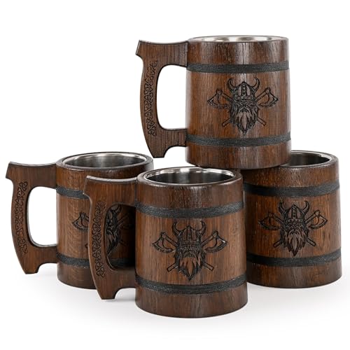 TESLYAR Wikinger krug für Bier 0,6 Liter | Bierkrug für Männer | Becher | Maßkrug | Bier Geschenk | Geschenkideen für Männer, Geschenk Vatertag (4 Stück Wikinger Braun)
